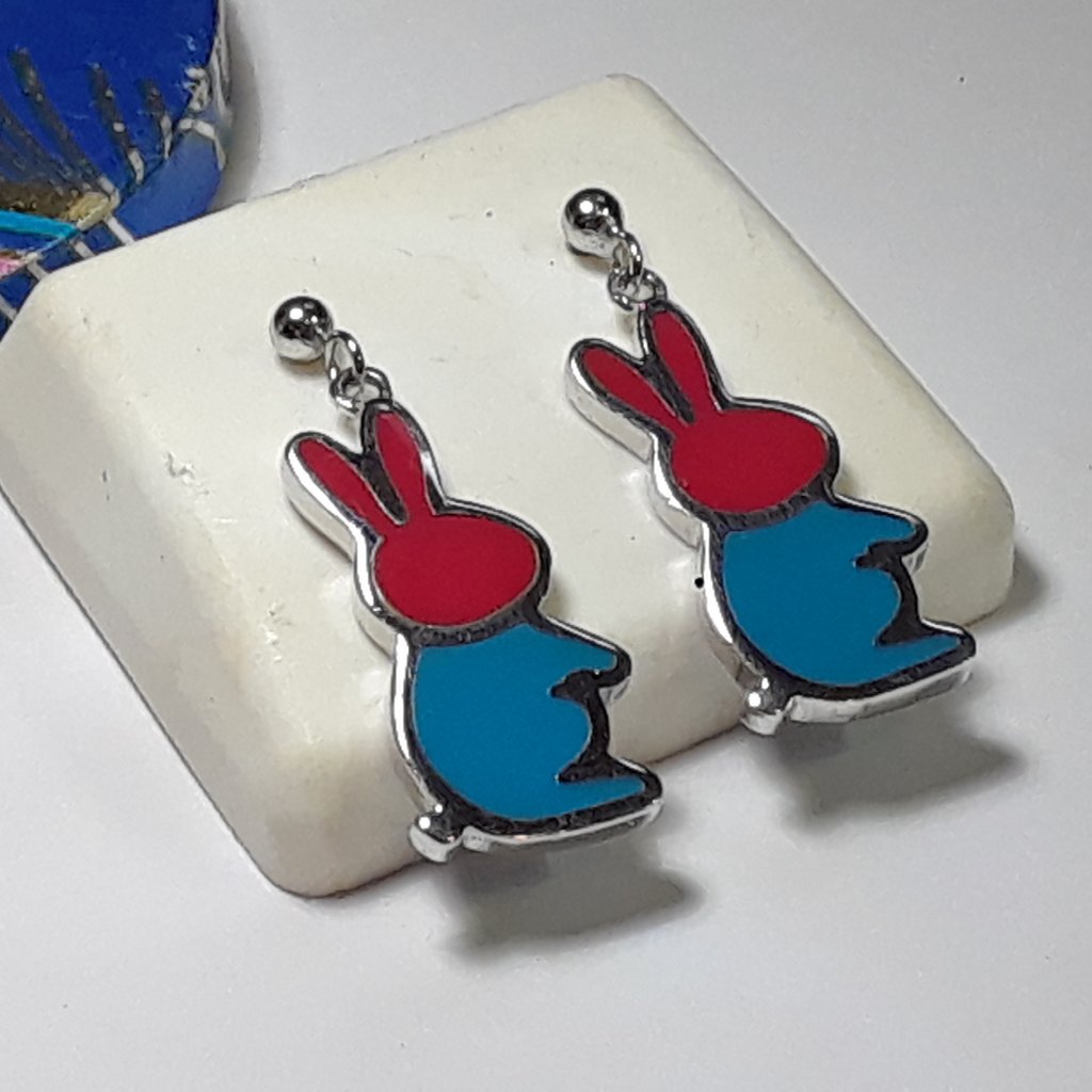 Estate 2sided Rabbits With Blue/Red Enamel Sterling Silver Dangle Earring #19319